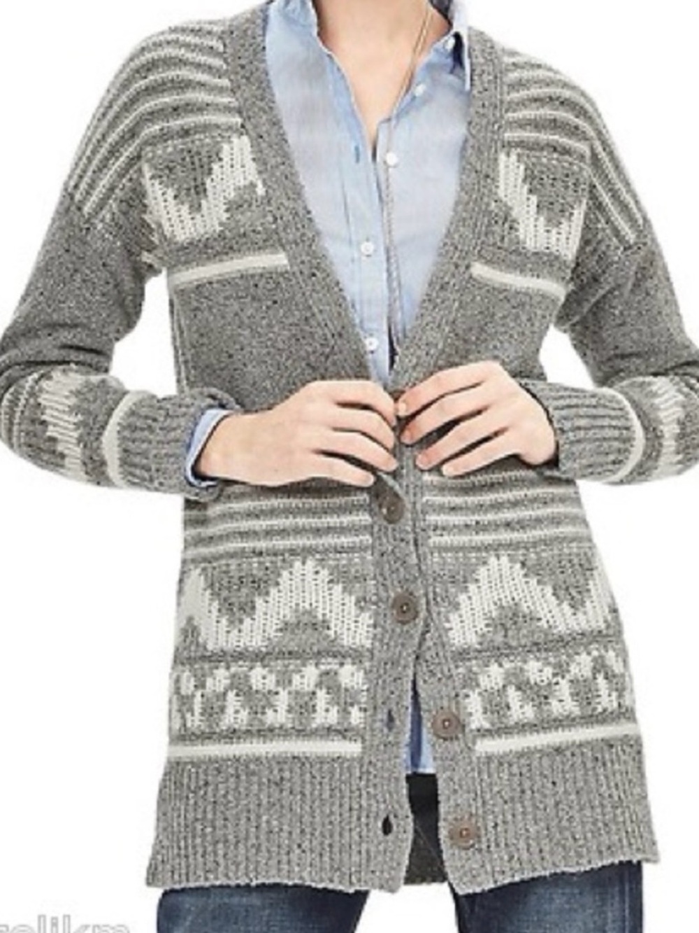 Banana Republic Gray Wool Fair Isle Cardigan